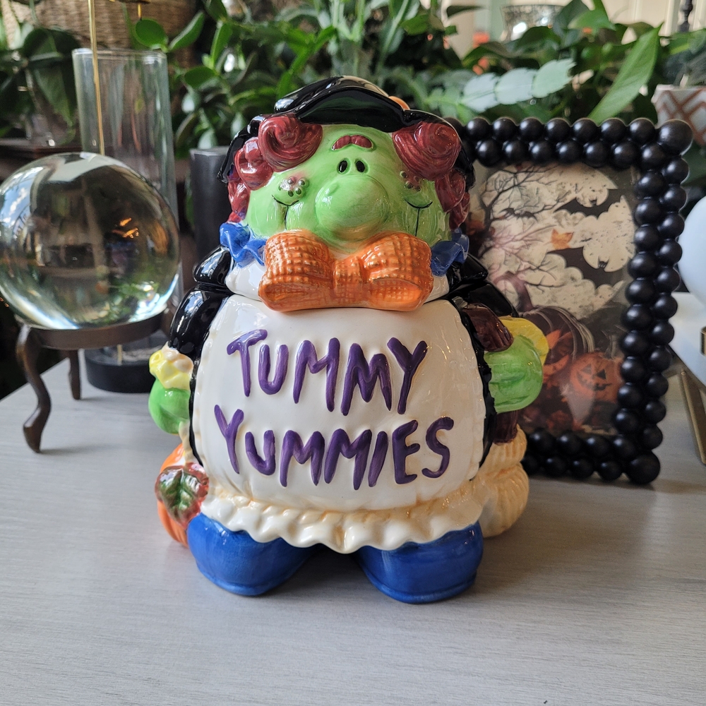 Vintage Happy Halloween Witch Colorful Tummy Yummies Cookie Jar